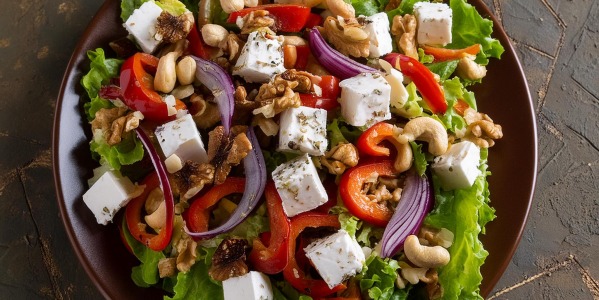 SALADE COMPOSÉE AVEC UNE VINAIGRETTE À LA MOUTARDE AU MIEL ET CRÈME DE POIVONS JAUNES